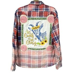 Upcycled Flannel Shirt No Goats No Glory Red Blue Size Mens Large Cottagecore